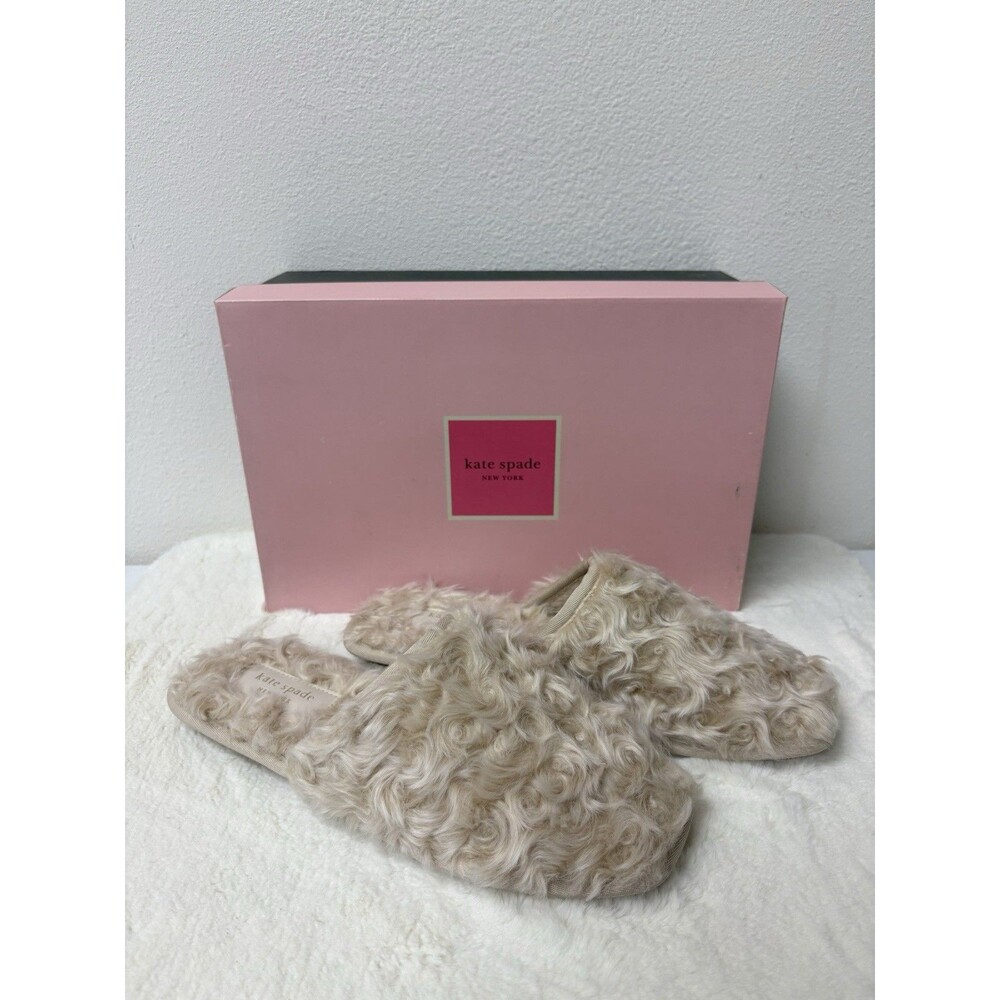 Kate Spade New York Dove Cream Faux Fur Slippers Slides Women's Size 11B NEW